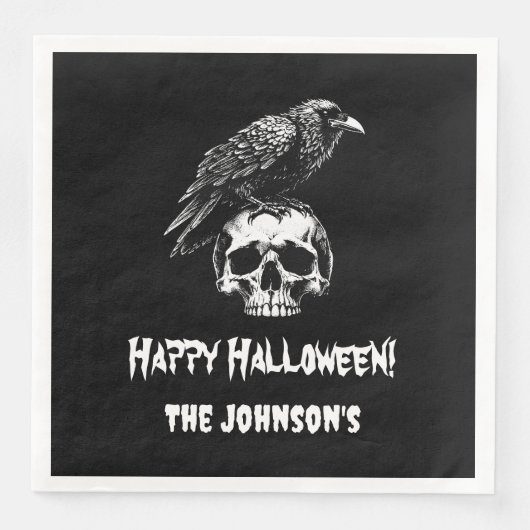 Spooky Raven Skull Halloween Paper Napkin Serviette (Vorderseite)