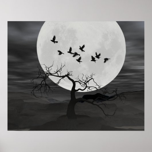 Spooky Ravens fliegen gegen den Vollmond Poster (Vorne)