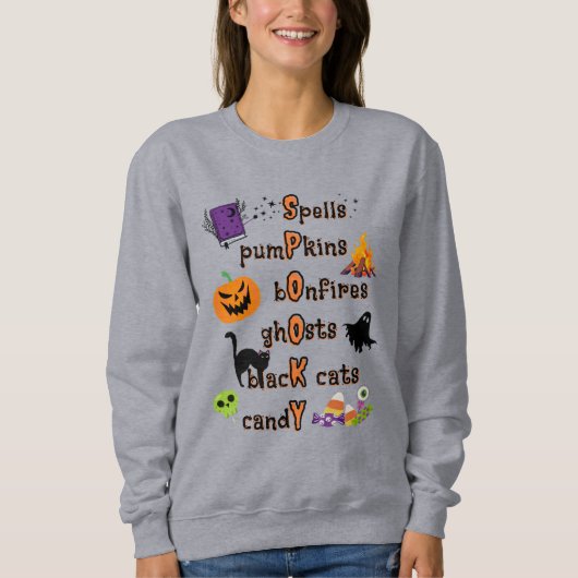 SPOOKY Rechtschreibung mit allen Dingen Halloween Sweatshirt (Vorderseite)