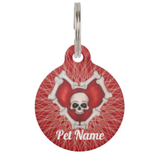 Spooky Red Heart of Bones Skull Spiral Muster Haustiermarke