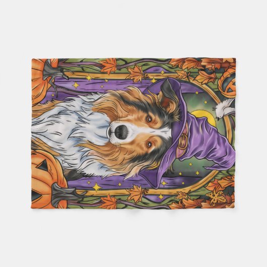Spooky Rough Collie Dog Halloween Hexenkürbis Fleecedecke (Vorderseite (Horizontal))