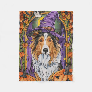 Spooky Rough Collie Dog Halloween Hexenkürbis Fleecedecke
