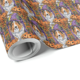 Spooky Rough Collie Dog Halloween Hexenkürbis Geschenkpapier