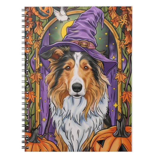 Spooky Rough Collie Dog Halloween Hexenkürbis Notizblock (Vorderseite)