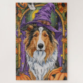 Spooky Rough Collie Dog Halloween Hexenkürbis Puzzle (Vertikal)