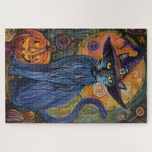 Spooky Russian Blue Cat Halloween Hexenkürbis Puzzle (Horizontal)