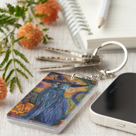 Spooky Russian Blue Cat Halloween Hexenkürbis Schlüsselanhänger (Vorderseite rechts)