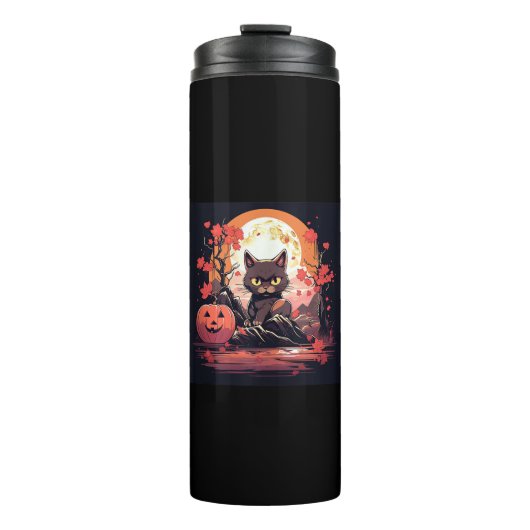 Spooky Sakura_ Black Cat, Pumpkins, Great Wave Des Thermosbecher (Vorderseite)