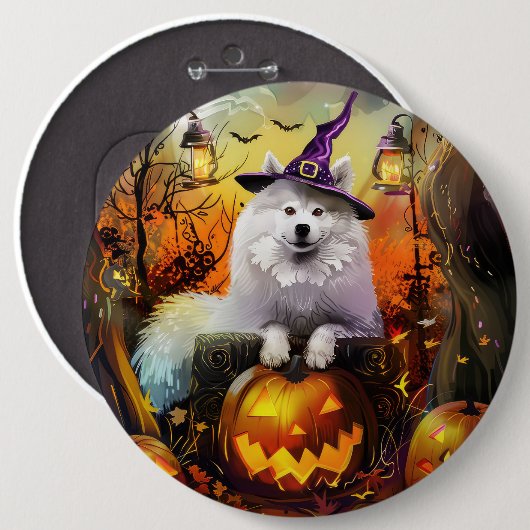 Spooky Samoyed Hund Halloween Hexe und Kürbiskröte Button (Vorne & Hinten)