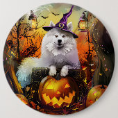 Spooky Samoyed Hund Halloween Hexe und Kürbiskröte Button (Vorderseite)