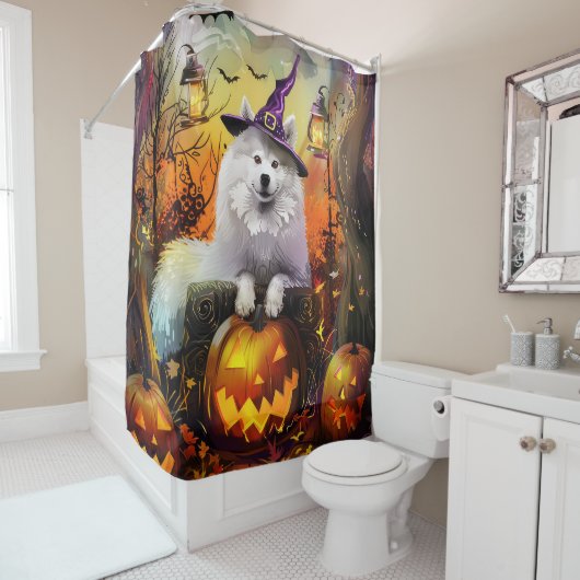 Spooky Samoyed Hund Halloween Hexe und Kürbiskröte Duschvorhang (Beispiel)