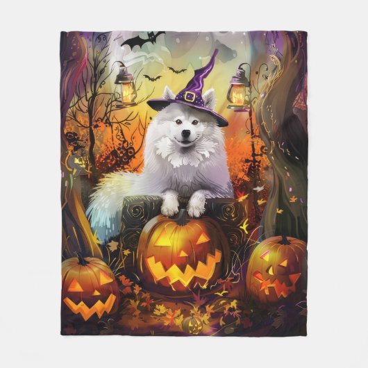 Spooky Samoyed Hund Halloween Hexe und Kürbiskröte Fleecedecke (Vorderseite)