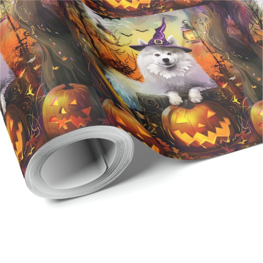 Spooky Samoyed Hund Halloween Hexe und Kürbiskröte Geschenkpapier (Rolleneckpunkt)