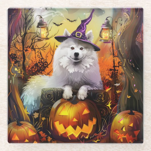 Spooky Samoyed Hund Halloween Hexe und Kürbiskröte Glasuntersetzer (Vorderseite)