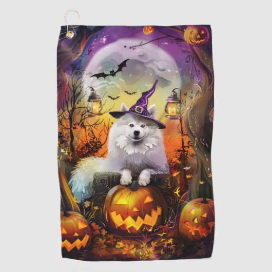 Spooky Samoyed Hund Halloween Hexe und Kürbiskröte Golfhandtuch (Vorderseite)