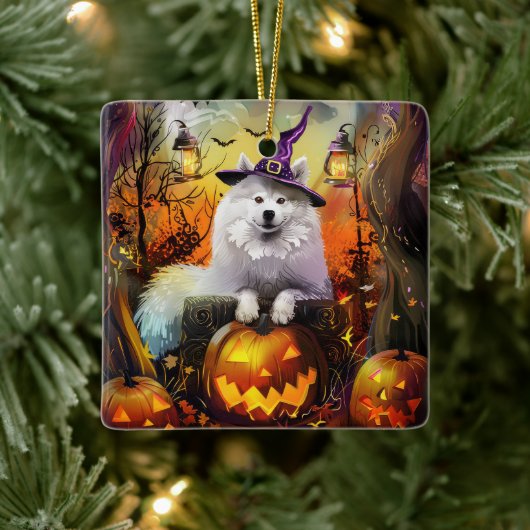 Spooky Samoyed Hund Halloween Hexe und Kürbiskröte Keramikornament (Baum)