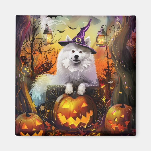 Spooky Samoyed Hund Halloween Hexe und Kürbiskröte Magnet (Vorne)
