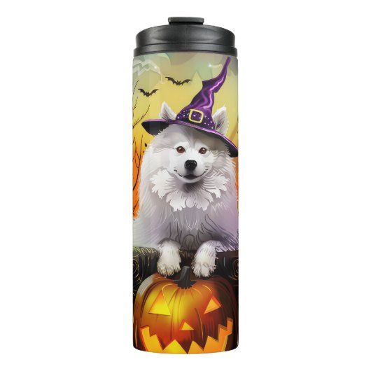 Spooky Samoyed Hund Halloween Hexe und Kürbiskröte Thermosbecher (Vorderseite)
