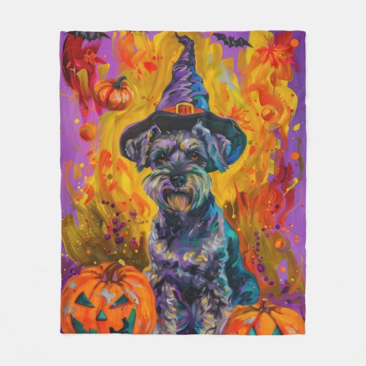 Spooky Schnauzer Hund Halloween Hexe und Pumpkin Fleecedecke (Vorderseite)