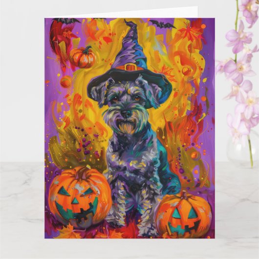 Spooky Schnauzer Hund Halloween Hexe und Pumpkin Karte (Orchidee)