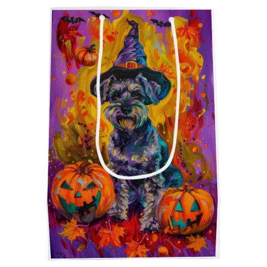 Spooky Schnauzer Hund Halloween Hexe und Pumpkin Mittlere Geschenktüte (Rückseite)