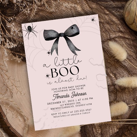 Spooky, schwarzer Bogen und Spinnen Babydusche Einladung