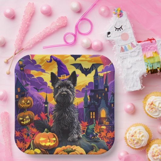 Spooky Scottish Terrier Halloween Hexch Pumpkin Pappteller (Party)