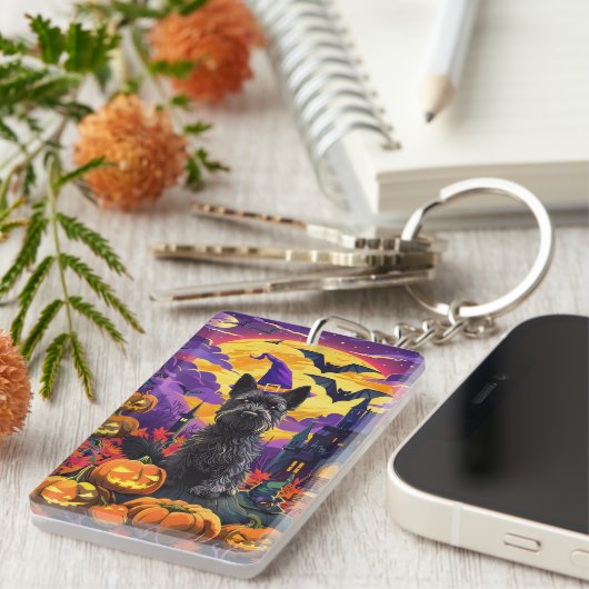 Spooky Scottish Terrier Halloween Hexch Pumpkin Schlüsselanhänger (Vorderseite rechts)