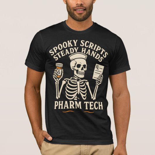 Spooky Scripts, Steady Hands — Pharm Tech Skeleton T-Shirt (Vorderseite)