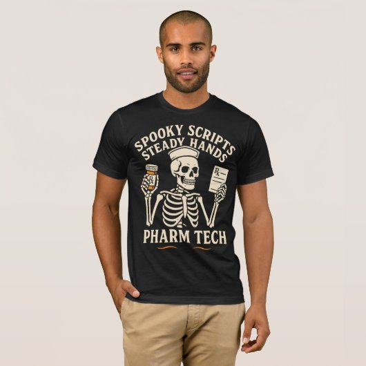 Spooky Scripts, Steady Hands — Pharm Tech Skeleton T-Shirt (Vorne ganz)