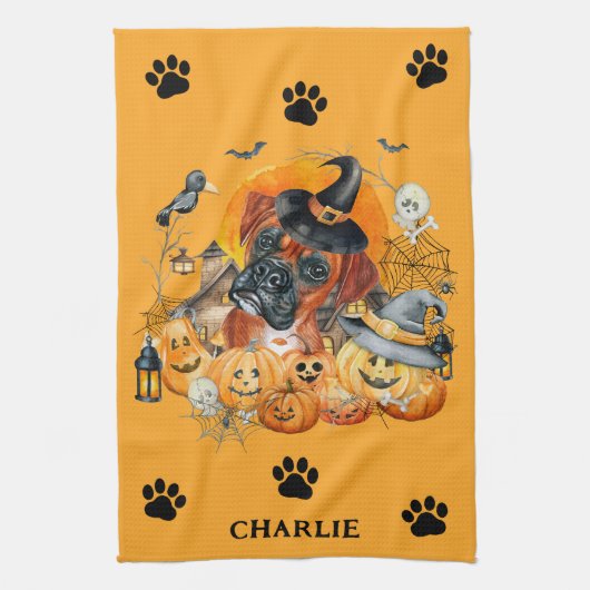 Spooky Season Boxer Halloween Pumpkin Custom Hund Geschirrtuch (Vertikal)