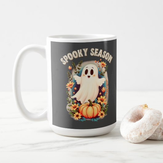 Spooky Season Niedlich Ghost Floral Retro Kaffeetasse (Mit Donut)