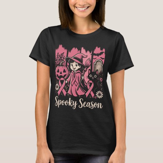 Spooky Season Pink Ribbon - Niedliche Halloween-He T-Shirt (Vorderseite)