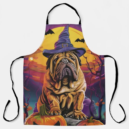 Spooky Shar Pei Hund Halloween Hexe und Pumpkin Schürze (Vorderseite)