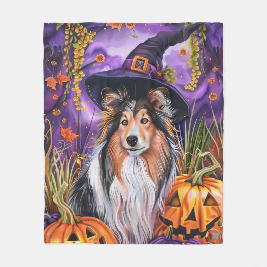Spooky Shetland Sheepdog Halloween Hexenkürbis Fleecedecke (Vorderseite)