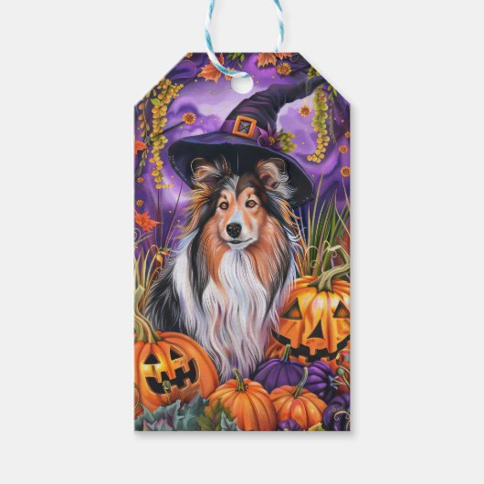 Spooky Shetland Sheepdog Halloween Hexenkürbis Geschenkanhänger (Vorderseite)