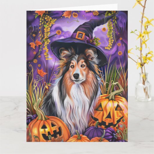 Spooky Shetland Sheepdog Halloween Hexenkürbis Karte (Gelbe Blume)