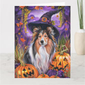 Spooky Shetland Sheepdog Halloween Hexenkürbis Karte (Vorderseite)