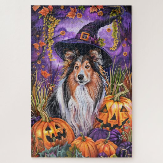 Spooky Shetland Sheepdog Halloween Hexenkürbis Puzzle (Vertikal)