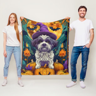 Spooky Shih Tzu Hund Halloween Hexe und Pumpkin Fleecedecke