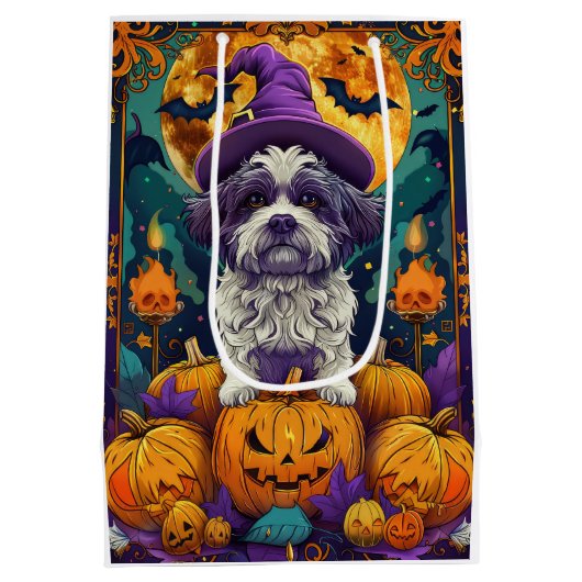 Spooky Shih Tzu Hund Halloween Hexe und Pumpkin Mittlere Geschenktüte (Rückseite)