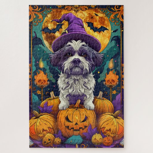 Spooky Shih Tzu Hund Halloween Hexe und Pumpkin Puzzle (Vertikal)