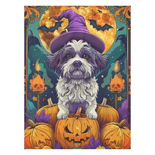 Spooky Shih Tzu Hund Halloween Hexe und Pumpkin Tischdecke (Vorderseite)
