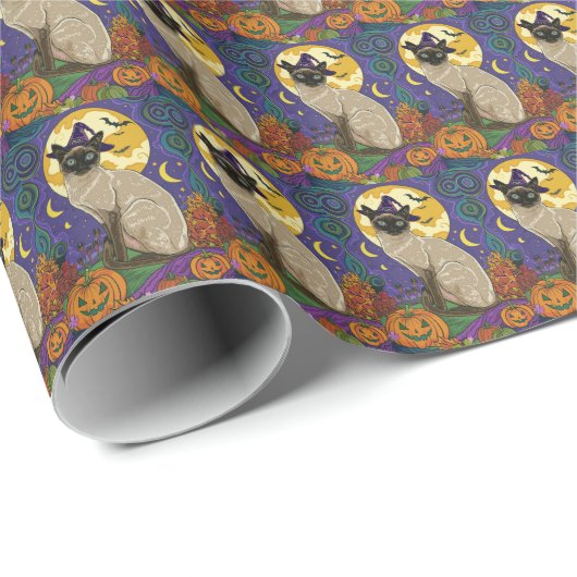 Spooky Siam Cat Halloween Hexe und Kürbis Geschenkpapier (Rolleneckpunkt)