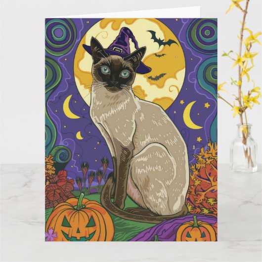 Spooky Siam Cat Halloween Hexe und Kürbis Karte (Gelbe Blume)