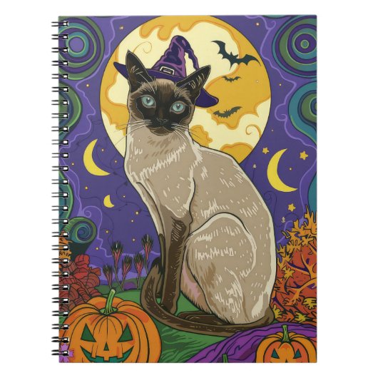 Spooky Siam Cat Halloween Hexe und Kürbis Notizblock (Vorderseite)