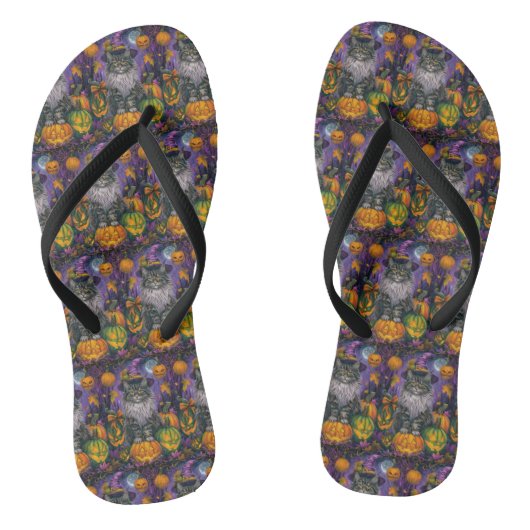 Spooky Siberian Cat Halloween Hexe und Kürbis Badesandalen (Fußbett)