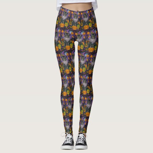 Spooky Siberian Cat Halloween Hexe und Kürbis Leggings (Vorderseite)