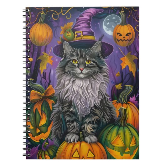 Spooky Siberian Cat Halloween Hexe und Kürbis Notizblock (Vorderseite)