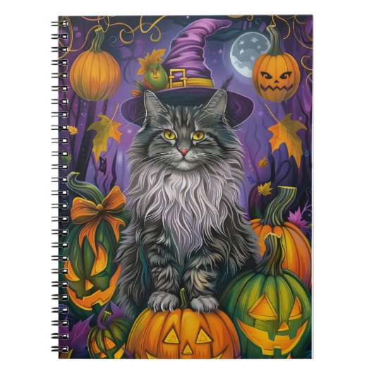 Spooky Siberian Cat Halloween Hexe und Kürbis Notizblock (Vorderseite)